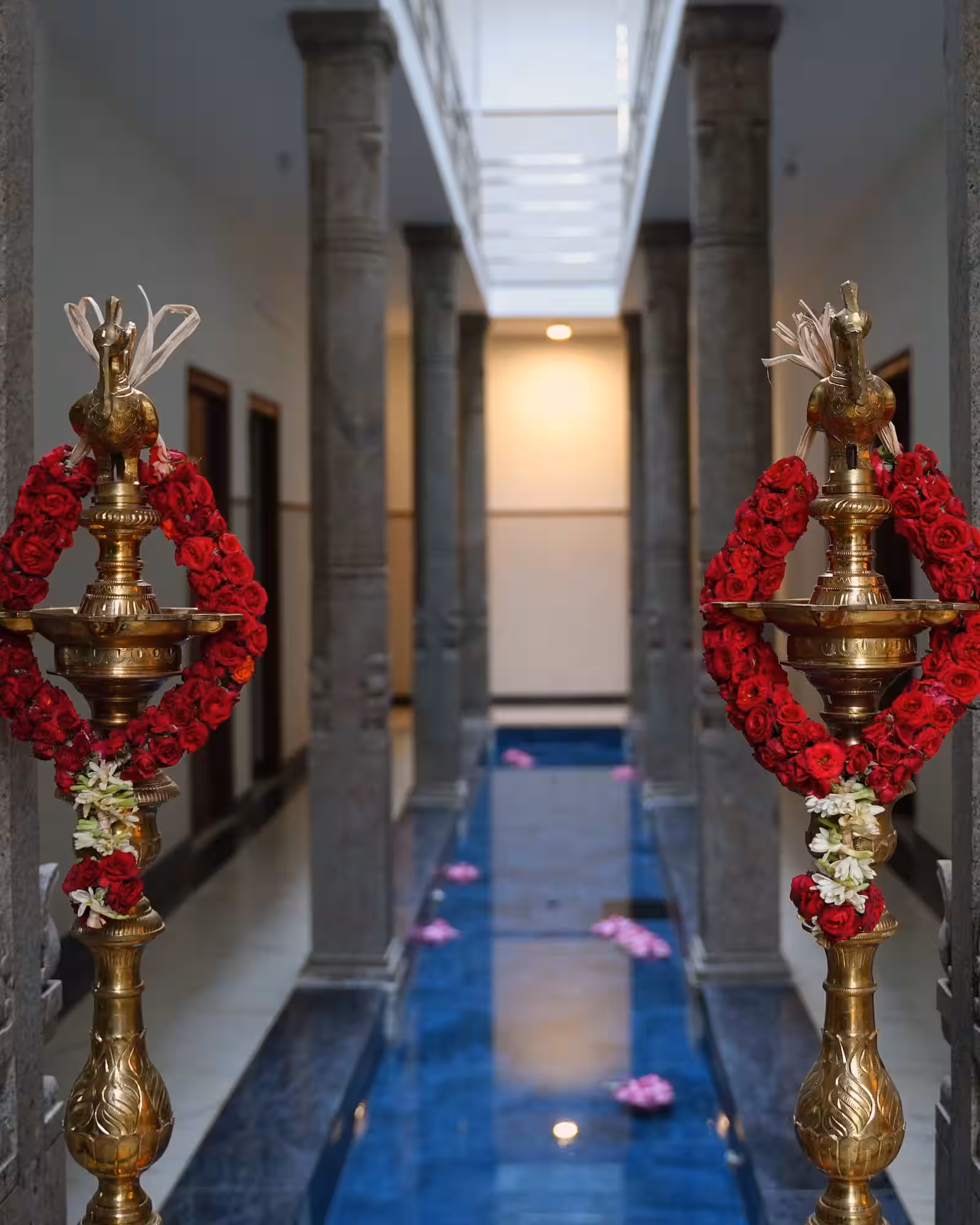 The narrow blue courtyard at Aranya